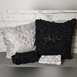 4 × Throw Pillow Covers. 2 Grey & Silver Damask and 2 3D Chiffon Black Rose
